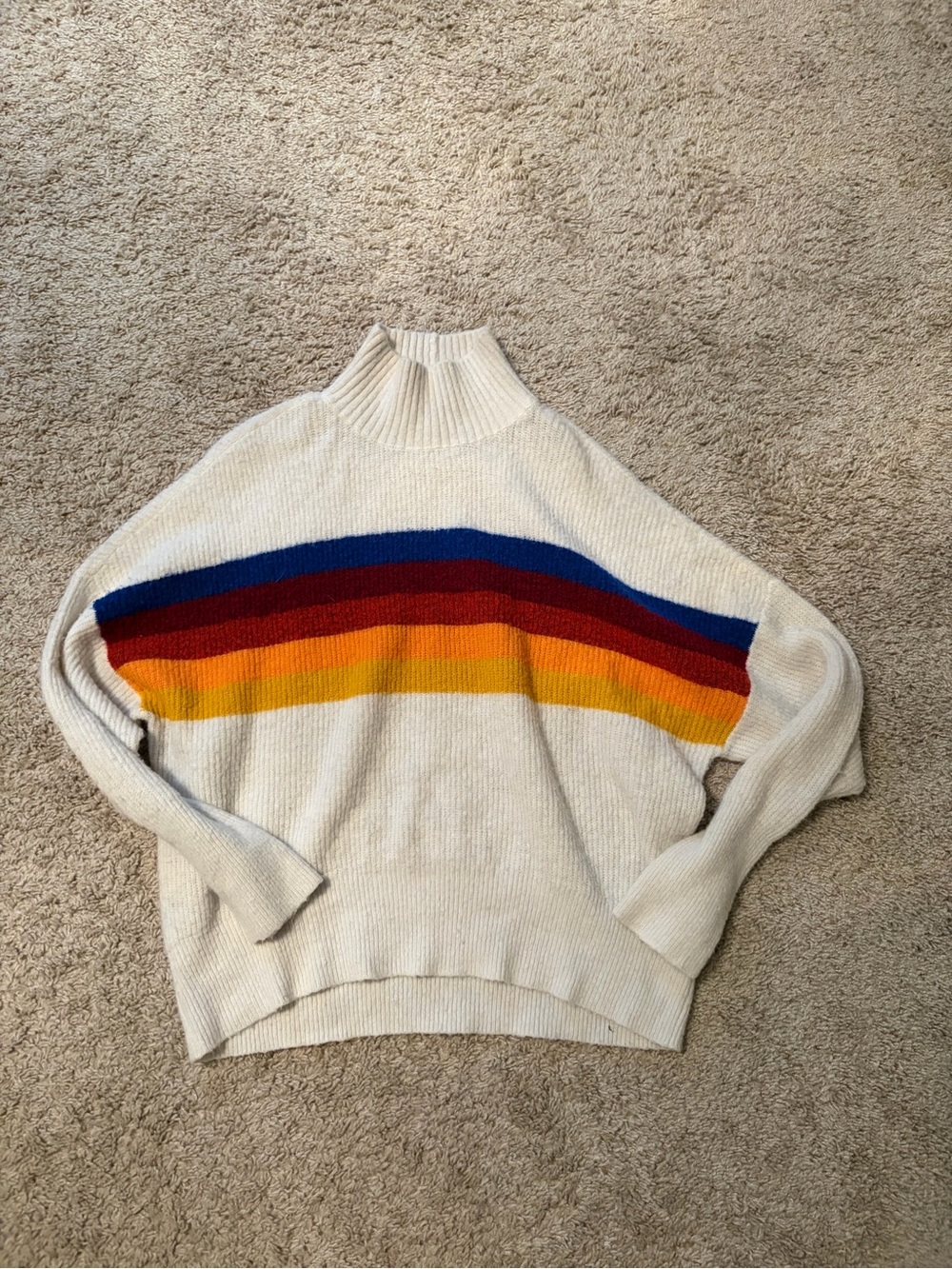Express Cream Mock Neck Sweater with Rainbow Stripe